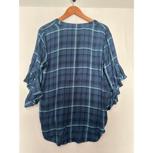 Vince Camuto Plaid Ruffle Sleeve Blouse Blue Teal Check V-Neck Casual Top Medium - Picture 8 of 10